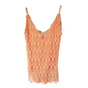 Orange Knitted with Pearls Women's Tank Top T-shirt Sleeveless Size S V-neck